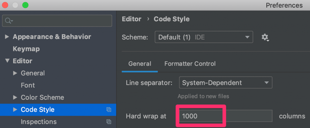 [Preferences] / [Editor] / [Code Style]の"General"  の中にある "Hard wrap at" の値を "1000"